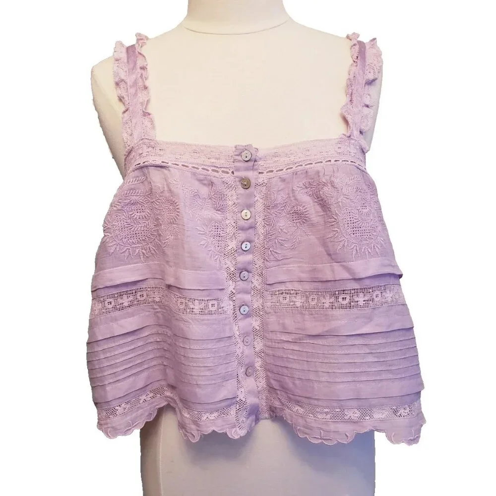 LOVESHACKFANCY Wisteria Sully Embroidered Lace Cotton Crop Top - Picture 3 of 13